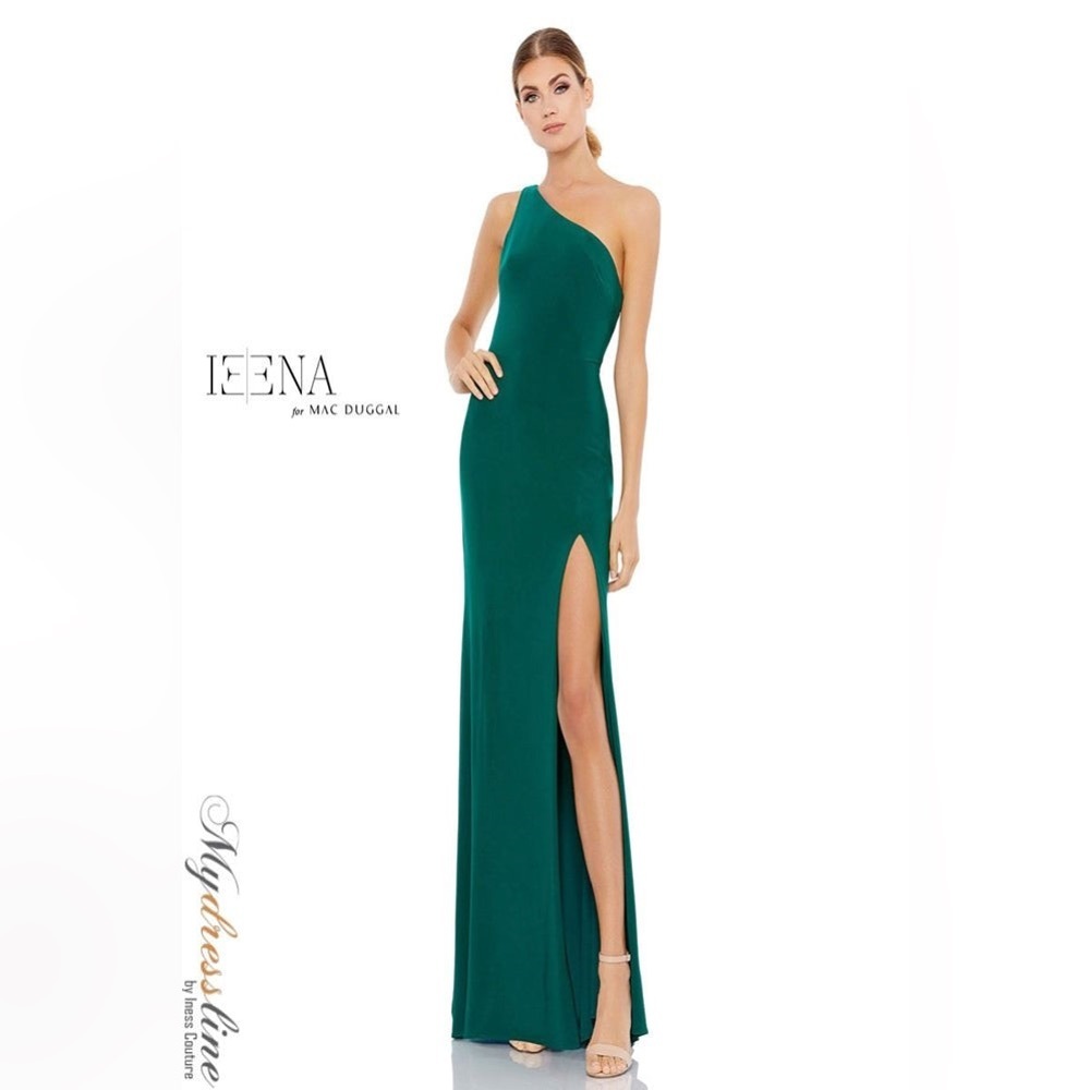 Ieena Mac Duggal JERSEY ONE SHOULDER DRAPED BACK GOWN Green size 10